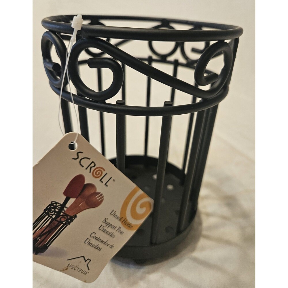 NEW Never Used Spectrum 7" Tall Wrought Iron Scroll Black Utensil Holder Large